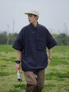 日系Polo衫短袖衬衫男美式复古工装oversize夏季半袖-CS27-P40蓝图片