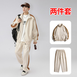 麂皮绒外套套装男2024新款春季冲锋衣棒球服夹克-TZ8802-P115杏色图片