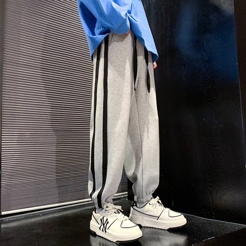 复古侧面条纹拼接抽绳束脚裤男潮牌街头宽松休闲卫裤-K653-P50灰,男装休闲裤,星座307-3(原516-1)