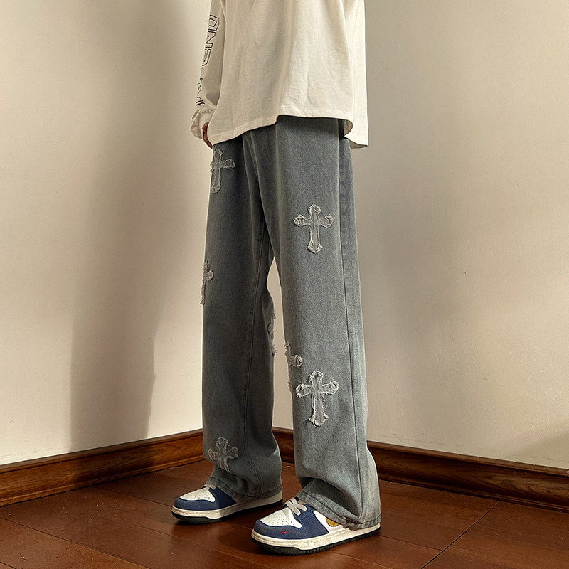 十字架牛仔裤美式高街男春季复古vibe直筒宽松裤子潮-6018-P40黑,男装牛仔裤,星座307-3(原516-1)