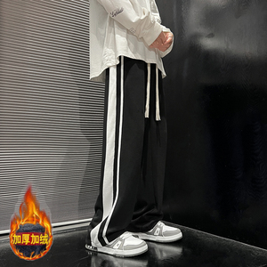 裤子男冬季加绒加厚条纹休闲裤直筒阔腿裤高街卫裤-JR332-P55卡其图片