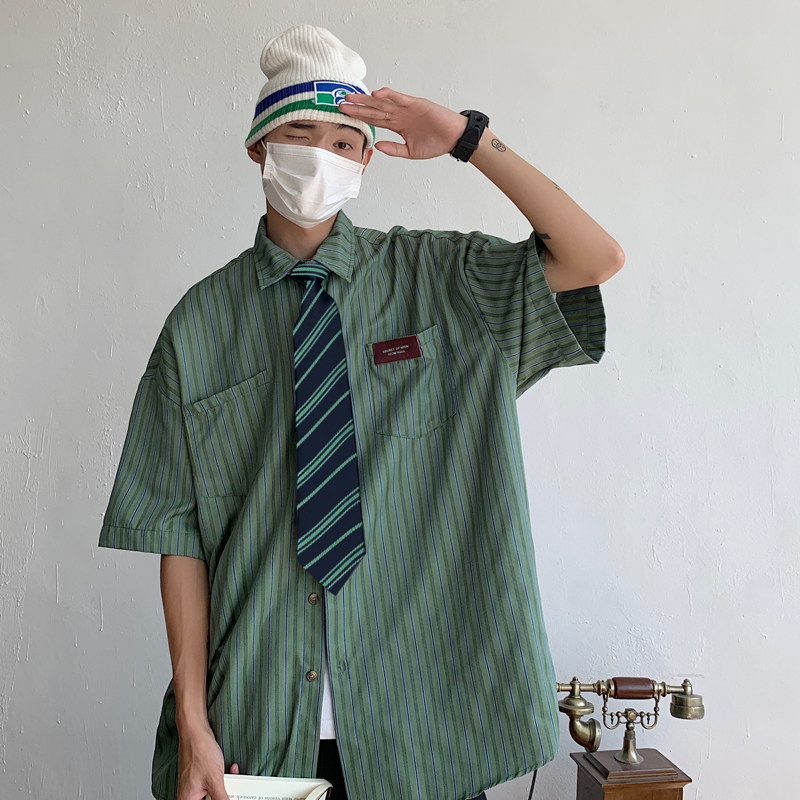 夏季衬衫男日系cityboy条纹长袖衬衣外套男-CS26-P40绿（送领带）,男装衬衫,星座307-3(原516-1)