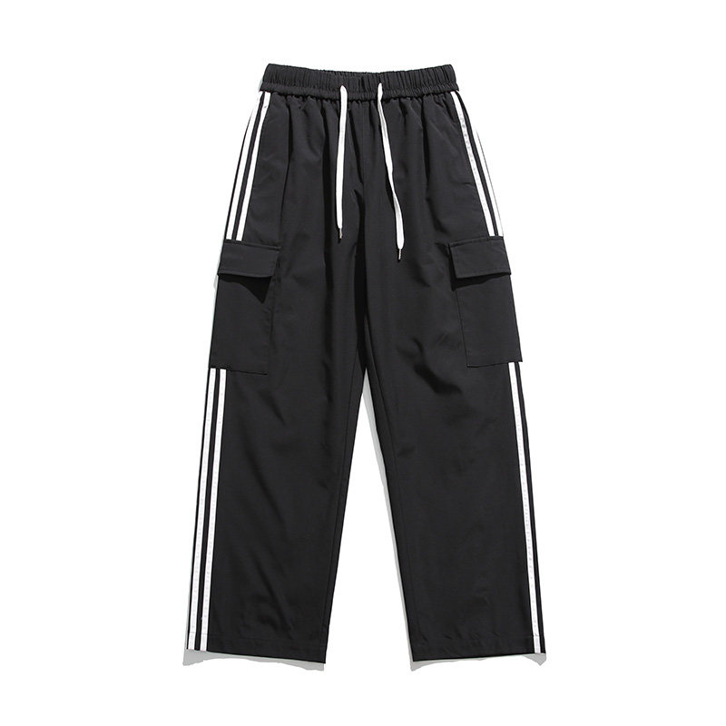 日系复古侧边条纹工装裤男女直筒三条杠休闲裤子高街-5061-P45黑,男装休闲裤,星座307-3(原516-1)