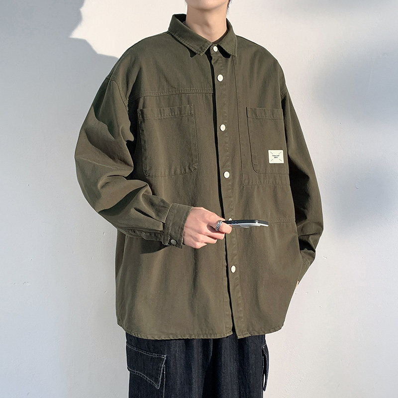 重磅水洗纯棉衬衫男日系休闲复古工装青年宽松外套-CS620-P70卡其,男装衬衫,星座307-3(原516-1)
