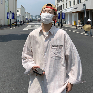 春夏长袖竖条纹衬衫男休闲港风高街bf韩版日系衬衣潮-CS80-P40灰图片