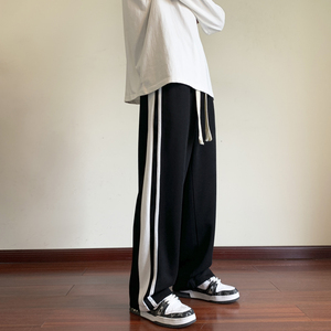 裤子男春季运动裤条纹拼色直筒休闲裤男士宽松阔腿裤-K332-P45白图片