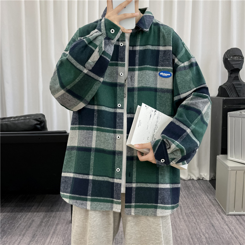长袖格子衬衫男生春季潮牌ins宽松休闲韩版衬衣外套-CS612-P48-灰,男装衬衫,星座307-3(原516-1)