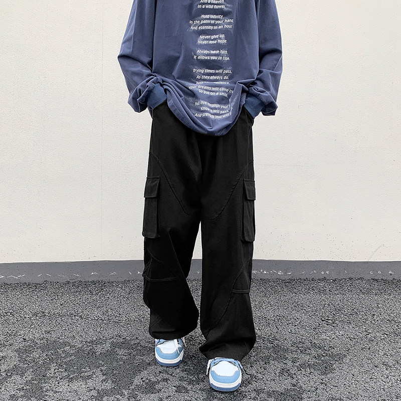 日系工装裤子男春季哈伦直筒抽绳潮牌百搭休闲长裤-K521-P40黑,男装休闲裤,星座307-3(原516-1)
