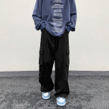 日系工装裤子男春季哈伦直筒抽绳潮牌百搭休闲长裤-K521-P40黑，男装休闲裤，星座307-3(原516-1)