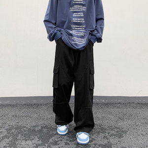 日系工装裤子男春季哈伦直筒抽绳潮牌 百搭休闲长裤-K521-P40黑图片