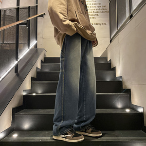 美式复古高街牛仔裤男潮牌水洗做旧宽松直筒休闲裤子-5099-P45蓝图片