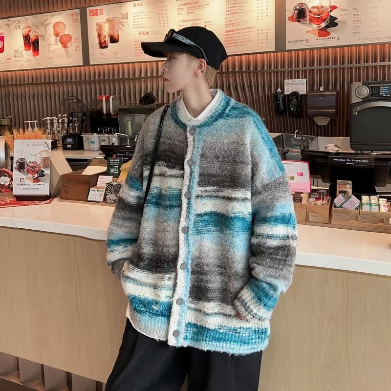 美式复古彩虹撞色毛衣针织衫开衫男宽松小众情侣外套-M810-P60红,男装针织衫/毛衣,星座307-3(原516-1)
