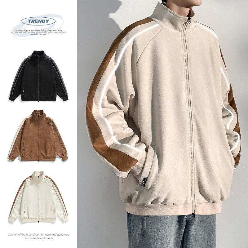 春季麂皮绒外套2023美式棒球服冲锋衣运动夹克男-JK8802-P70杏色图片