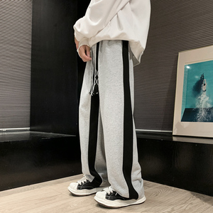 潮流侧边条纹裤子男春秋宽松大码直筒长裤休闲卫裤潮-K615-P50灰图片