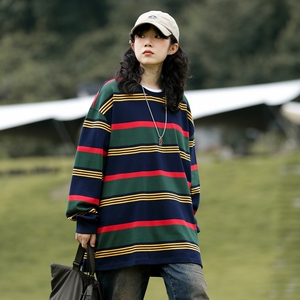 280G重磅长袖条纹情侣t恤秋山系cityboy宽松打底衫-2393-宝蓝P58图片