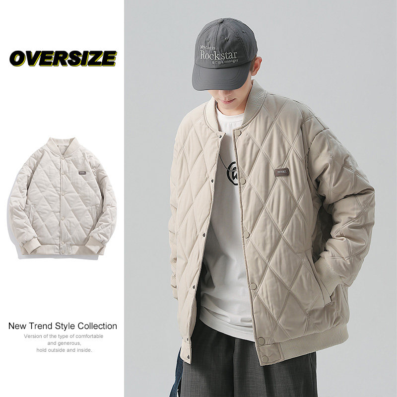 日系菱格冬季外套男士棉衣潮牌宽松情侣装工装棉服潮-M28-P85杏色图片