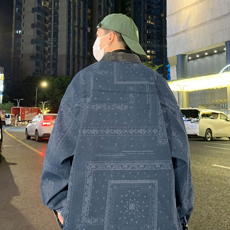 美式复古拼接长袖衬衫男女秋季港风情侣衬衣外套-CS616-P58-蓝色,男装衬衫,星座307-3(原516-1)