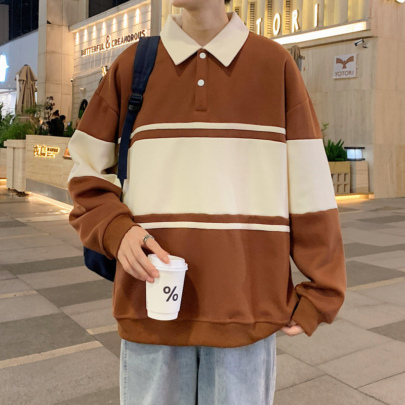 港风条纹翻领卫衣男23秋季宽松拼色polo衫长袖上衣-2386-黑色P55,男装卫衣,星座307-3(原516-1)
