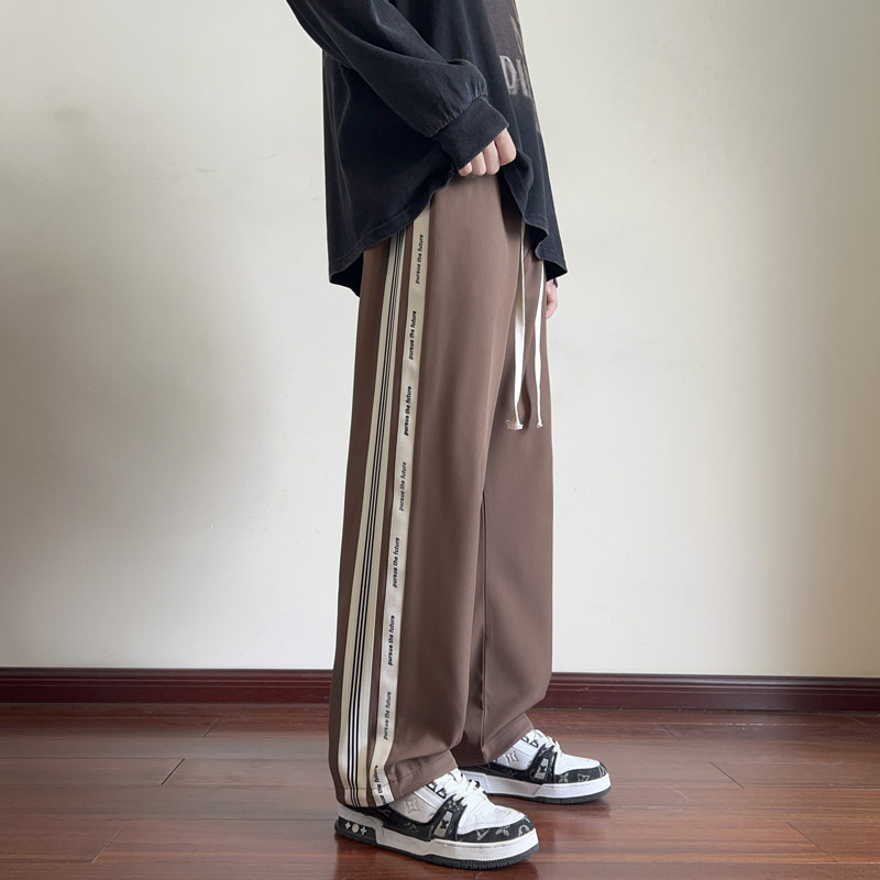 美式直筒裤子高街复古运动裤秋季条纹男生休闲长裤-K673-P35深咖,男装休闲裤,星座307-3(原516-1)