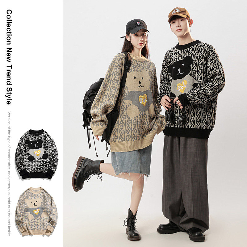 小熊圆领毛衣男春秋黑色针织衫ins韩版宽松慵懒情侣线衣-7709-P68图片
