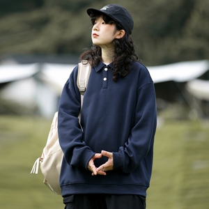 卫衣男女翻领POLO衫长袖23秋季上衣日系宽松情侣装-2388-深灰P55图片