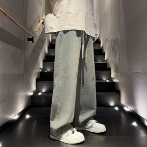 水洗做旧牛仔裤男美式复古直筒阔腿裤vibe渐变裤子-BK121-P45泥黄图片
