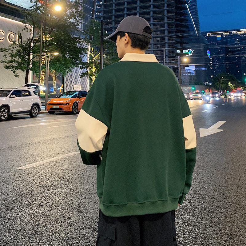 港风条纹翻领卫衣男23秋季宽松拼色polo衫长袖上衣-2386-咖啡P55,男装卫衣,星座307-3(原516-1)