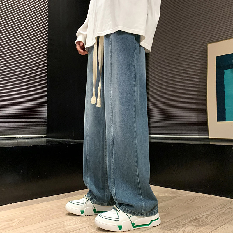 拼接工装牛仔裤秋冬季美式复古高街直筒宽松阔腿裤潮-BK108-P45蓝图片