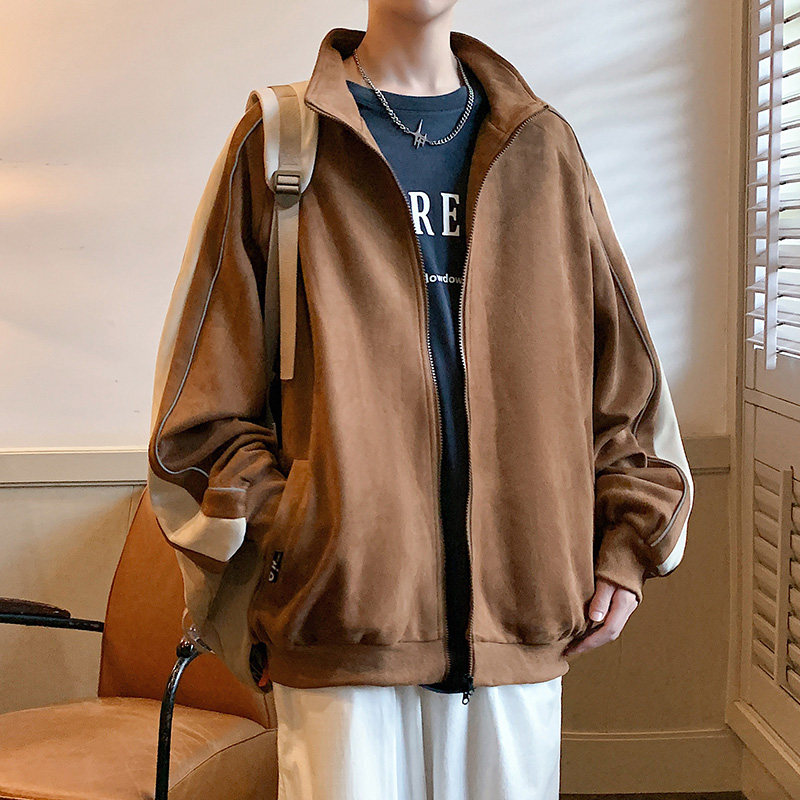 麂皮绒外套男秋季宽松痞帅男生棒球服美式潮牌夹克-JK8802-P65杏,男装夹克,星座307-3(原516-1)