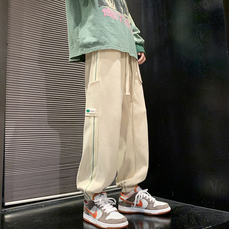 2024春夏季欧棉绒阔腿休闲卫裤男潮牌美式复古束脚裤-K666-P50黑,男装休闲裤,星座307-3(原516-1)