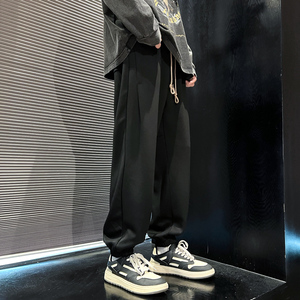 裤子男款春夏季美式复古卫裤oversize哈伦束脚裤潮-K665-P45黑色图片