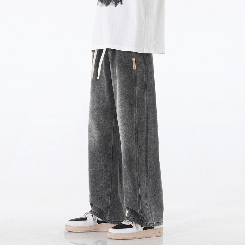 直筒牛仔裤男生美式侧条纹阔腿裤子秋款复古工装裤-BK802-P48浅灰，男装牛仔裤，星座307-3(原516-1)