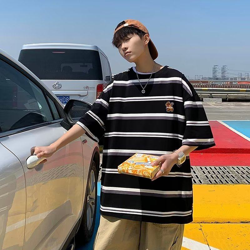 日系cityboy条纹短袖男设计感小众T恤夏季冰丝短袖-T017-P25白色,男装T恤,星座307-3(原516-1)