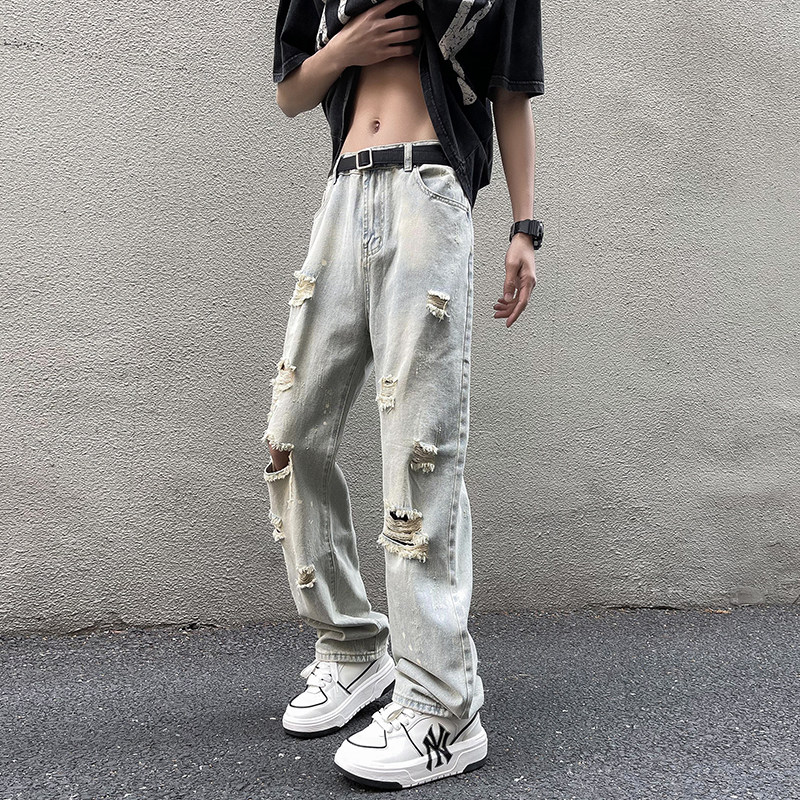 wassuphappy破洞牛仔裤男款夏季潮流美式毛边阔腿裤运动休闲裤子,男装牛仔裤,星座307-3(原516-1)