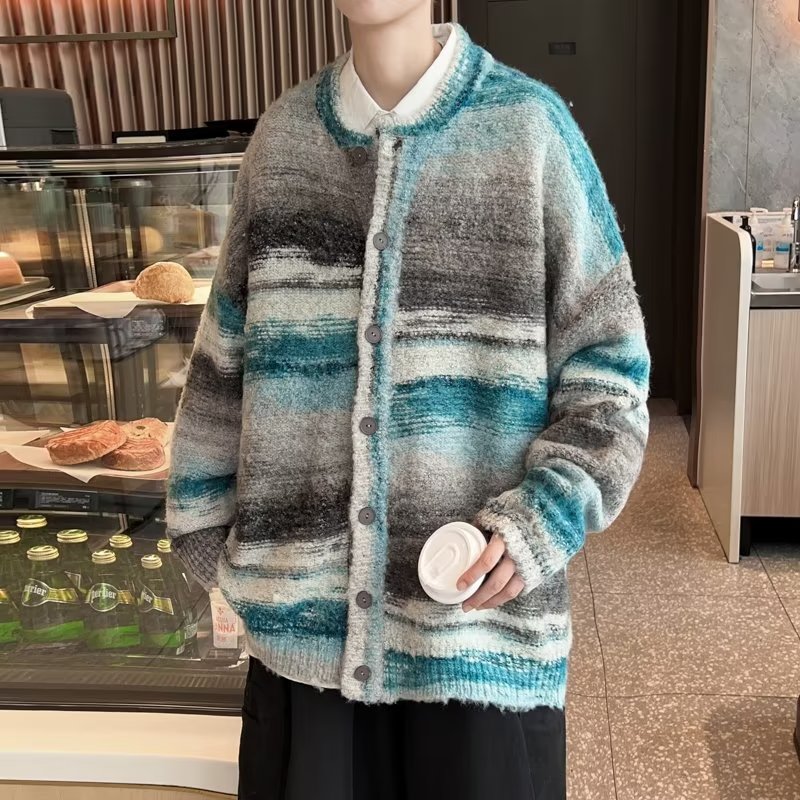 美式复古彩虹撞色毛衣针织衫开衫男宽松小众情侣外套-M810-P60蓝,男装针织衫/毛衣,星座307-3(原516-1)