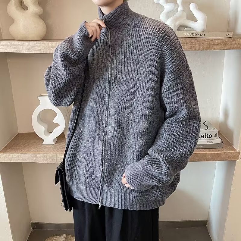 开衫毛衣男冬季日系复古宽松针织衫外穿拉链线衣外套-M653-P58灰,男装针织衫/毛衣,星座307-3(原516-1)