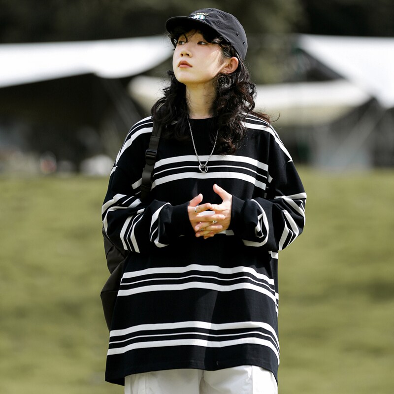 280G重磅圆领条纹打底衫美式简约T恤长袖男女情侣款潮-2396-白P58,男装卫衣,星座307-3(原516-1)