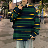 280G长袖纯棉t恤秋季复古撞色条纹男圆领宽松打底衫-2398-宝蓝P58，男装卫衣，星座307-3(原516-1)