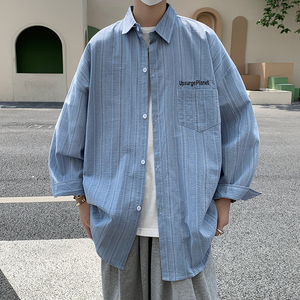 春夏长袖竖条纹衬衫男休闲港风高街bf韩版日系衬衣潮-CS80-P40蓝图片