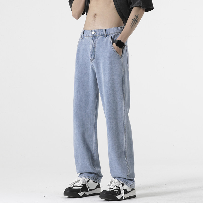 美式牛仔裤夏季水洗做旧黄泥长裤高街宽松直筒裤子-BK301-P40浅蓝图片