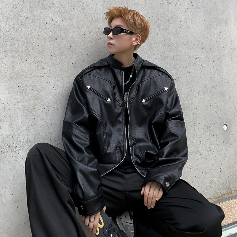 美式机车皮衣外套男秋季新款设计感小众宽松PU皮夹克-PY868-P80白,男装皮衣,星座307-3(原516-1)