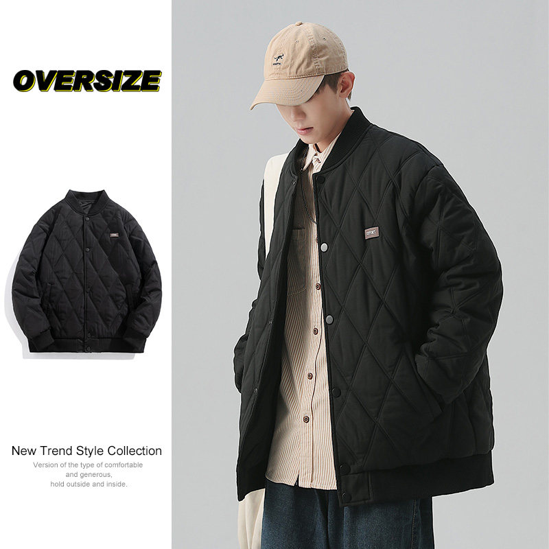 日系菱格冬季外套男士棉衣潮牌宽松情侣装工装棉服潮-M28-P85黑色图片