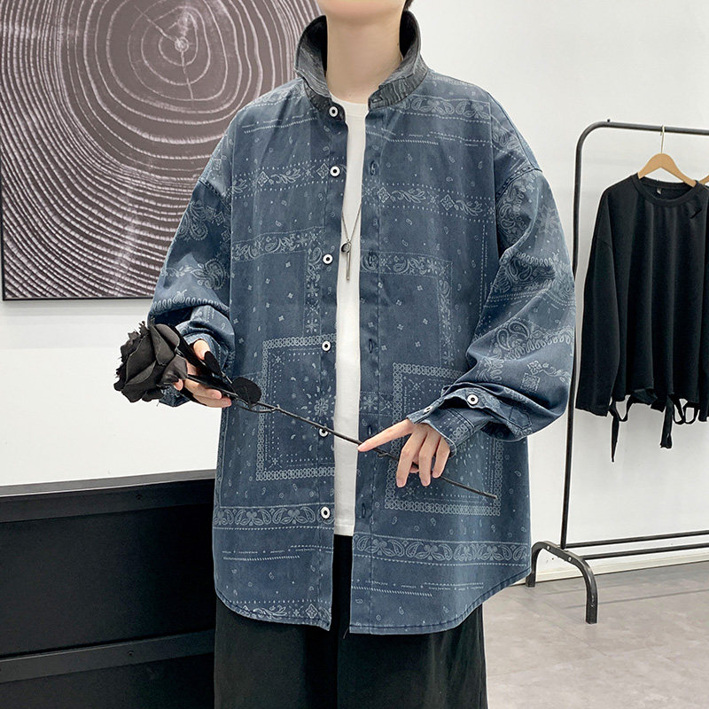 长袖衬衫男春季港风ins潮牌衬衣服宽松休闲工装外套-CS616-P58-蓝,男装衬衫,星座307-3(原516-1)