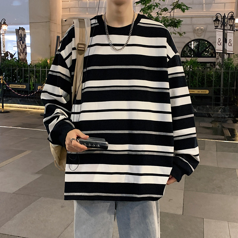 280G长袖纯棉t恤秋季复古撞色条纹男圆领宽松打底衫潮-2398-黑P58,男装卫衣,星座307-3(原516-1)