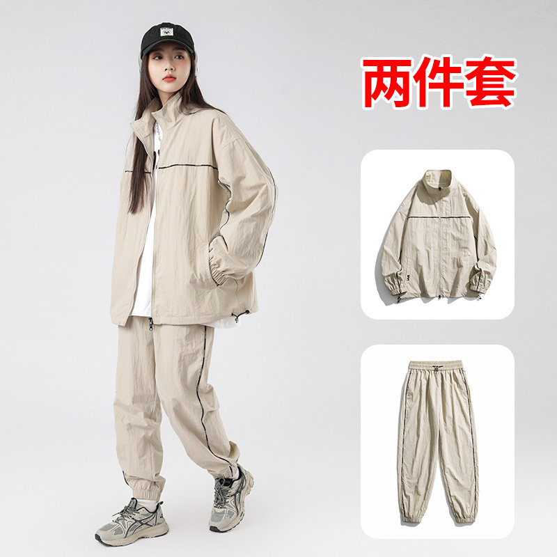 休闲套装男春2024新款帅气运动夹克套装男两件套-TZ8801-P105卡其图片
