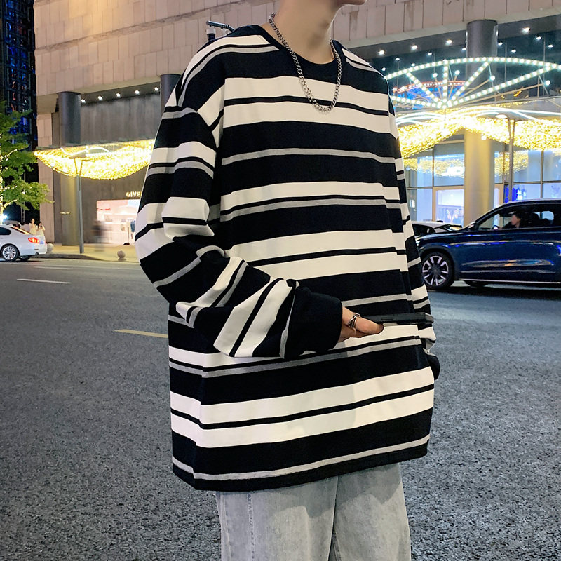 280G长袖纯棉t恤秋季复古撞色条纹男圆领宽松打底衫-2398-宝蓝P58,男装卫衣,星座307-3(原516-1)