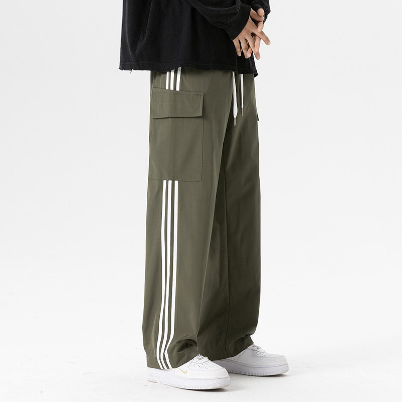 日系复古侧边条纹工装裤男女直筒三条杠休闲裤子高街-5061-P45绿,男装休闲裤,星座307-3(原516-1)