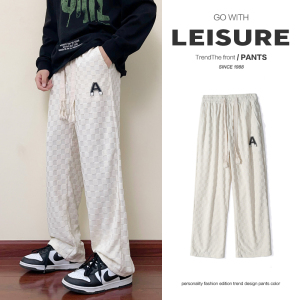 春季裤子男宽松棋盘格休闲长裤港风垂感直筒阔腿裤潮-K628-P45白图片