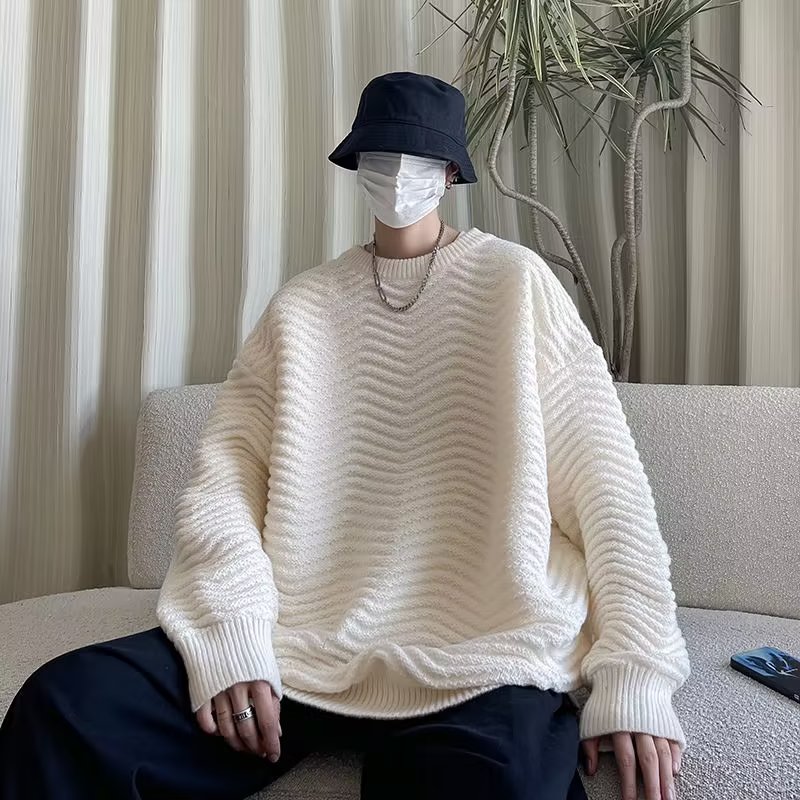 港风毛衣男冬季日系复古立体波浪纹圆领针织衫打底衫-M656-P50白,男装针织衫/毛衣,星座307-3(原516-1)