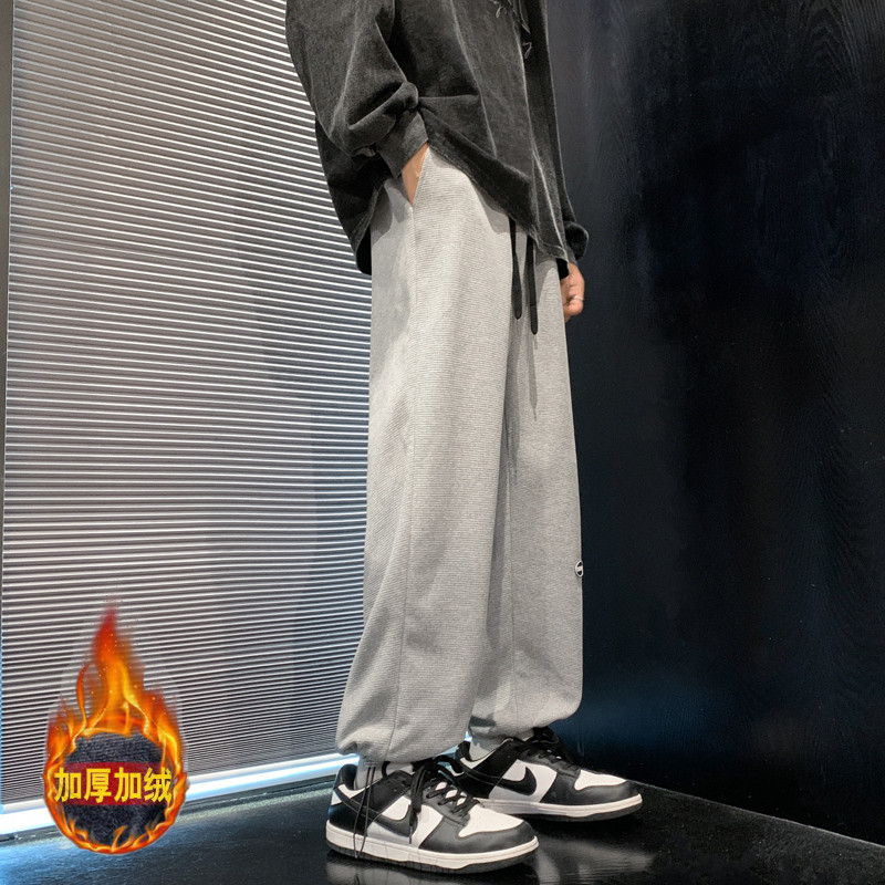 裤子男宽松休闲裤港风加绒束脚裤华夫格男士长裤-JR280-P40灰加绒,男装休闲裤,星座307-3(原516-1)